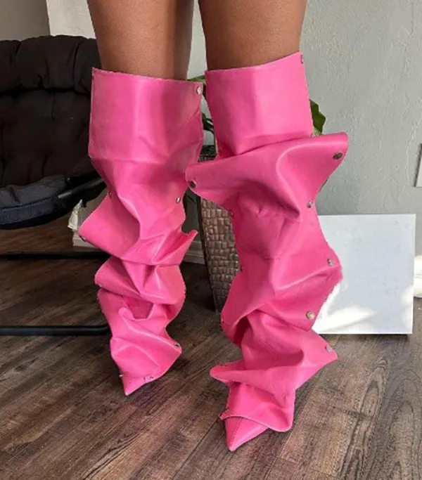 Super Thin High Heel Knee High Boots For Women Fashion Show Winter Boots Shoes Rivet Pointed Denim Boots Metal Button Shoes