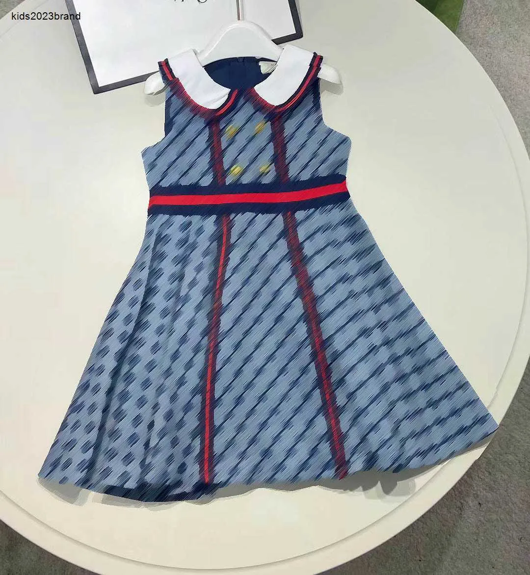 New Girl Short Dress Lapel Sleeveless Design Child Skirt Size 110-160 Baby Clothing Grid Letter Printing Kids Frock Jan20