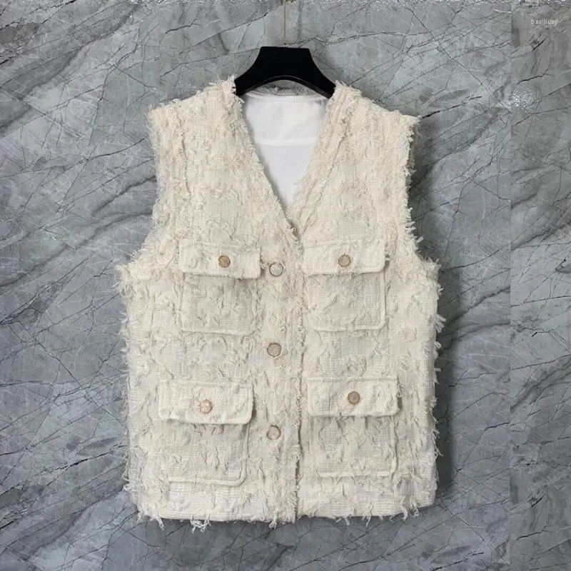 Gilet da donna 2024 Moda donna Alta qualità senza maniche con scollo a V Barba Tasca da donna Stile Tweed Vest Top 0731