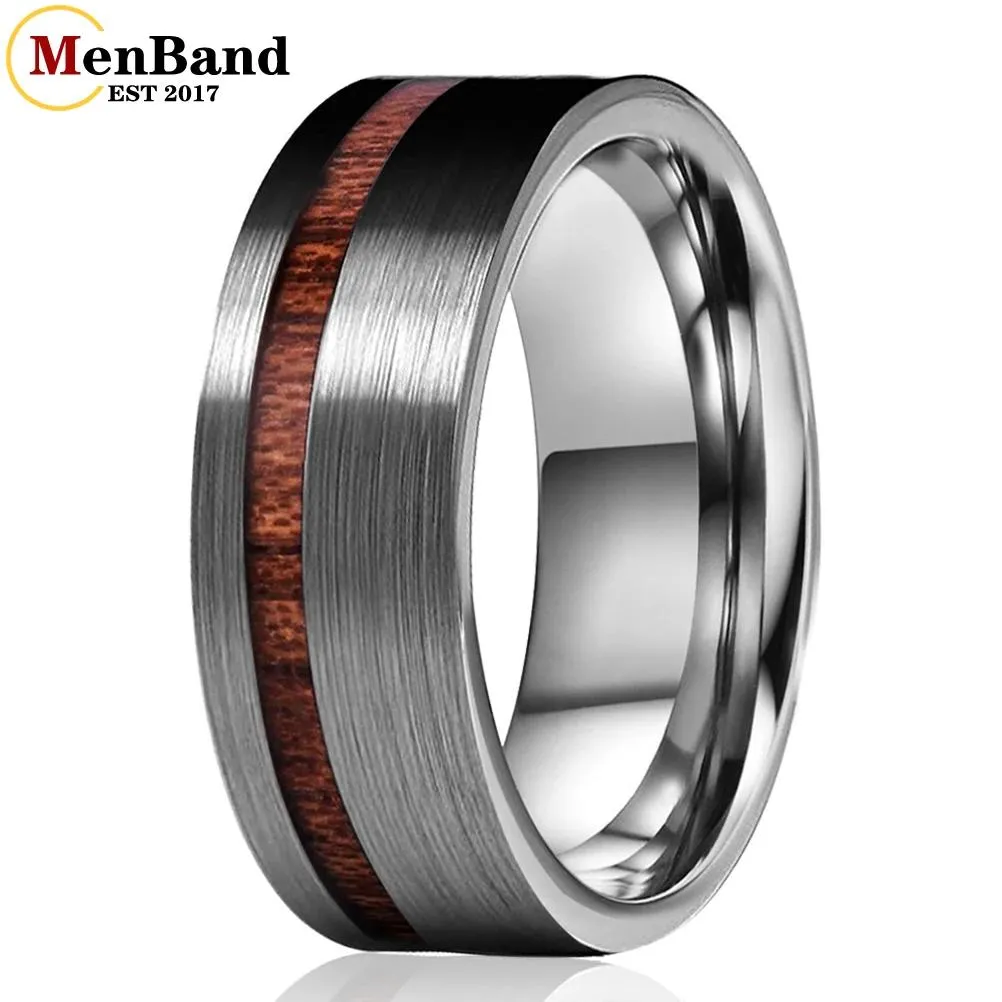 Bands MenBand 6MM 8MM Men Women Tungsten Inlay Ring Flat Wedding Band With Offset Groove Real Wood Inlay Brushed Polished Comfort Fit