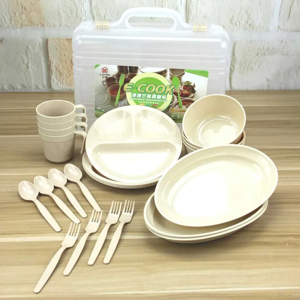 24 Pieces Picnic Camping Outdoor Plastic Reusable Tableware Dishes Set