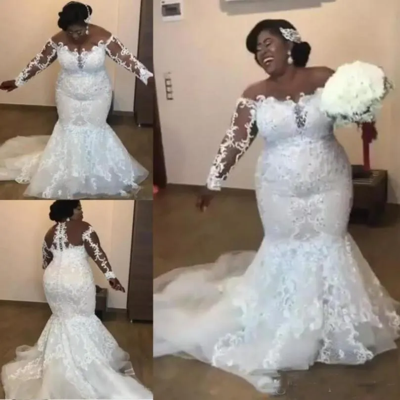 Plus size sereia vestidos de casamento 2019 fora do ombro sheer mangas compridas vestidos de noiva tule trem varredura vestidos de casamento personalizado 206j