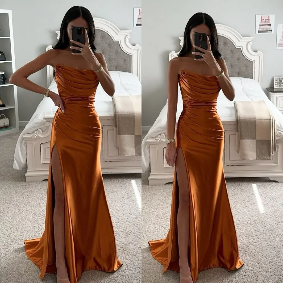 Karamell braun Abschlussball trägerloser Satin Abendkleid Elegante Falten geteilt formelle lange Spezial Ocn Party Kleid Robe de Soiree