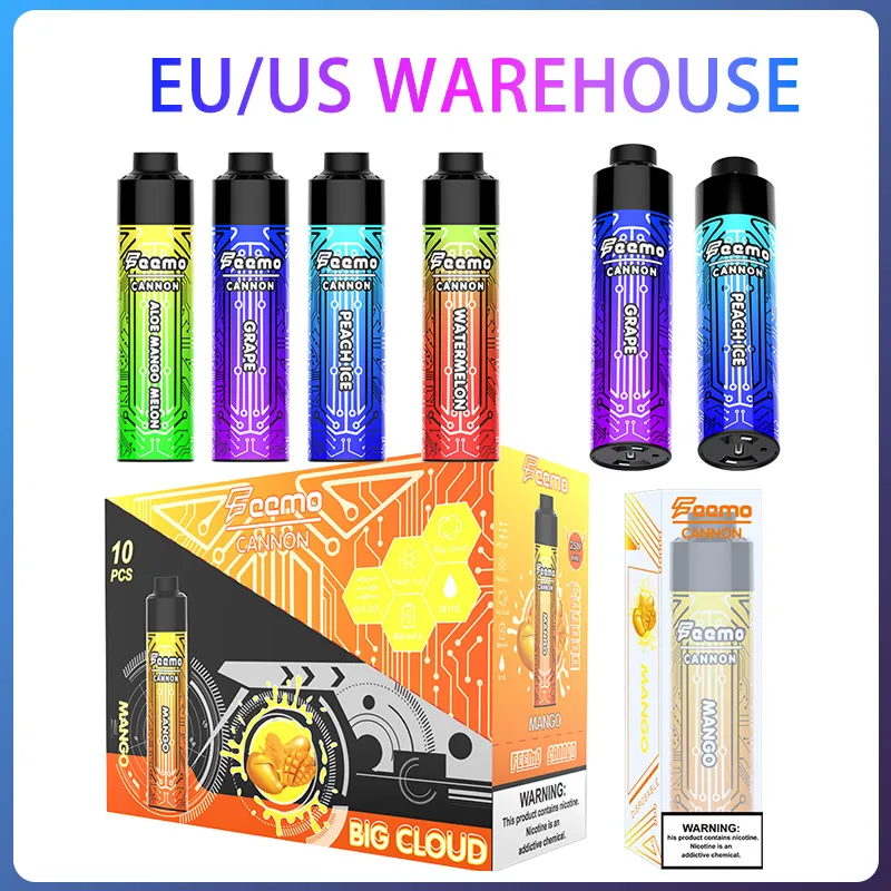 UE US Warehouse Puff 9K Puffs Djeńcowy Vape Pen Big Cloud Puff 10000 Feemo Cannon Djechybe Vapes Type-C ładunek kabla z oporem 0,5OHM dla zaciągnięcia 12k