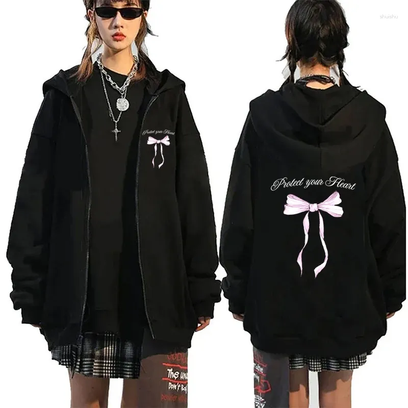 Sweats à capuche pour femmes Dessin animé mignon nœud imprimé sweat à capuche fée grunge graphique femmes zippé sweat vintage harajuku y2k esthétique fille manteau hauts