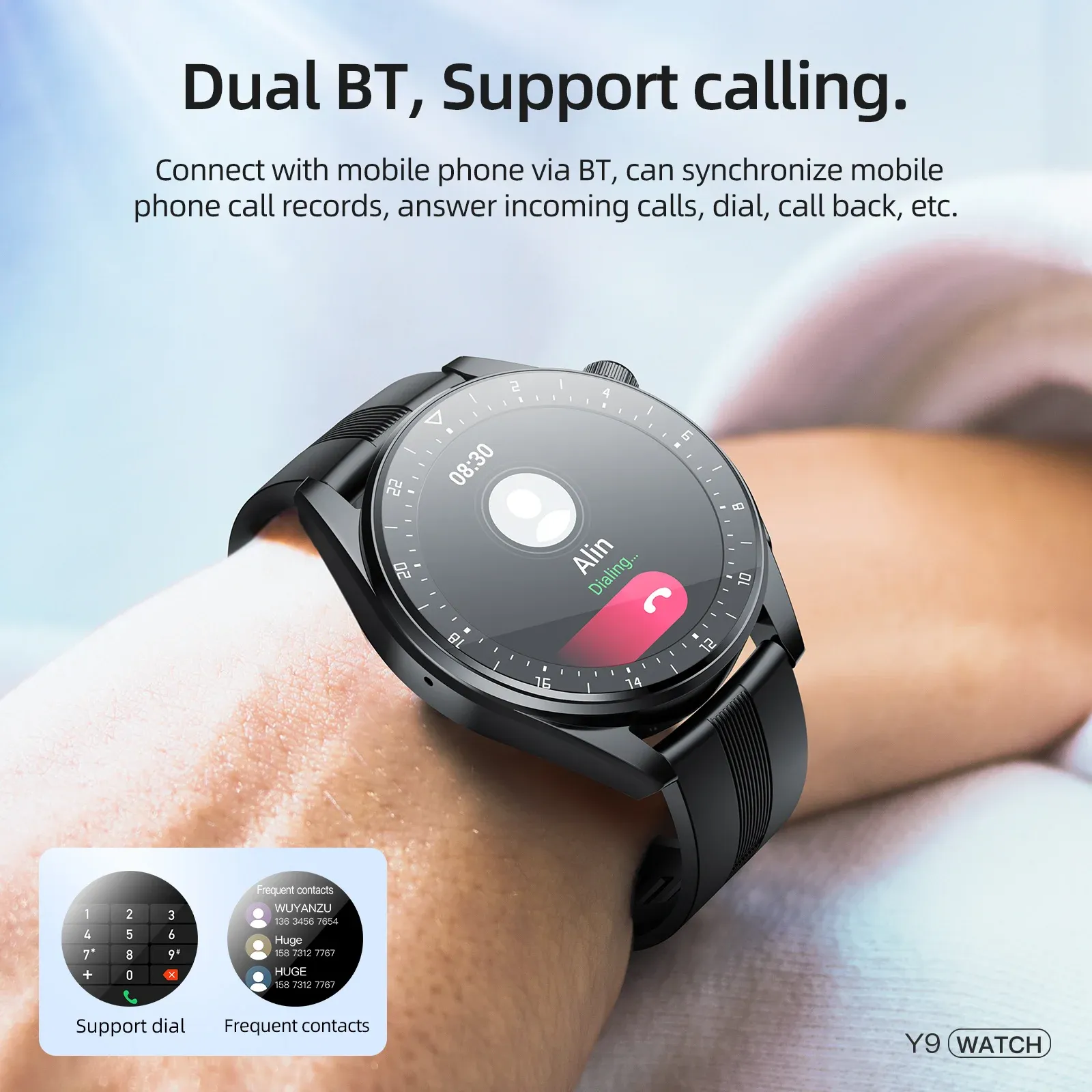 Y9 Смарт-часы Bluetooth Вызов 1 32 дюйма Разрешение 360 360 3 5D сенсорный экран IP68 Водонепроницаемый монитор сердечного ритма Спортивные часы
