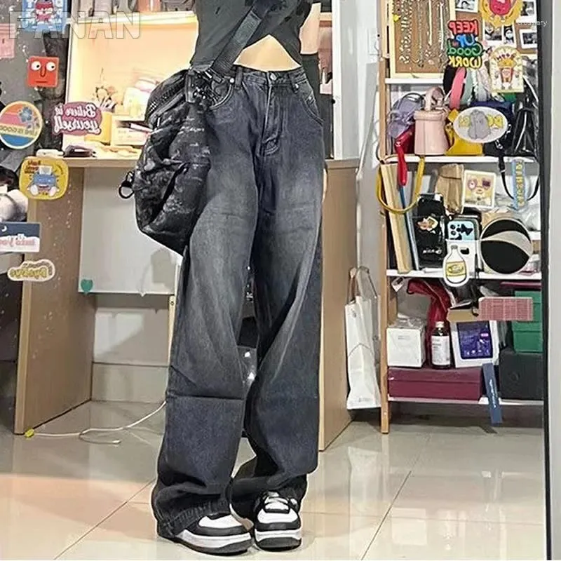 Jeans da donna Streetwear Pantaloni da donna a gamba larga oversize coreani larghi neri vintage a vita alta