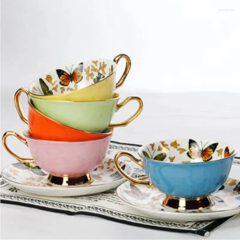 Cups Saucers Coffee Porcelain Butterfly Flower Teacup & Saucer Set British Afternoon Tea Time Ceramic Cup Office Drinkware