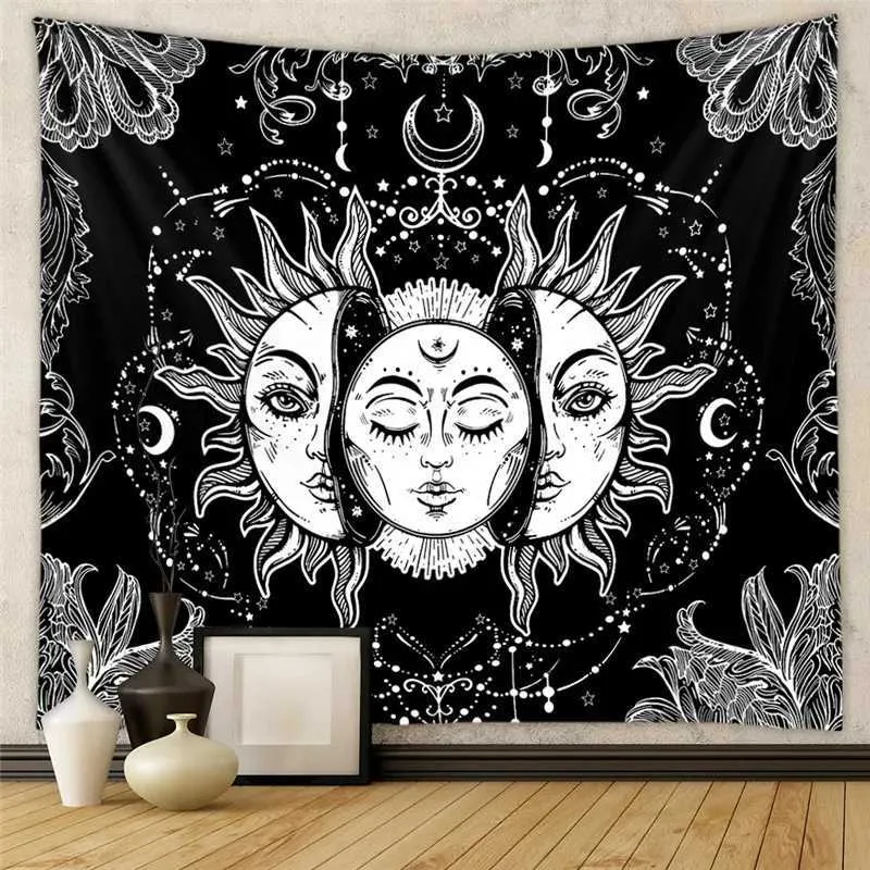 Tapisseries Soleil et Lune Tapisserie Bohème Tenture Murale Feuilles Indien Rétro Tapisserie Tapis Mural Décoration De La Maison D'été Serviette De Plage L240123