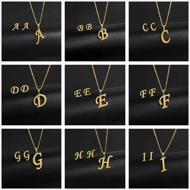 Pendant Necklaces A-Z 26 charm Initial Necklace And Stud Earrings Jewelry Sets Alphabet Pendant Chain Letter mom Gifts Drop Shipping