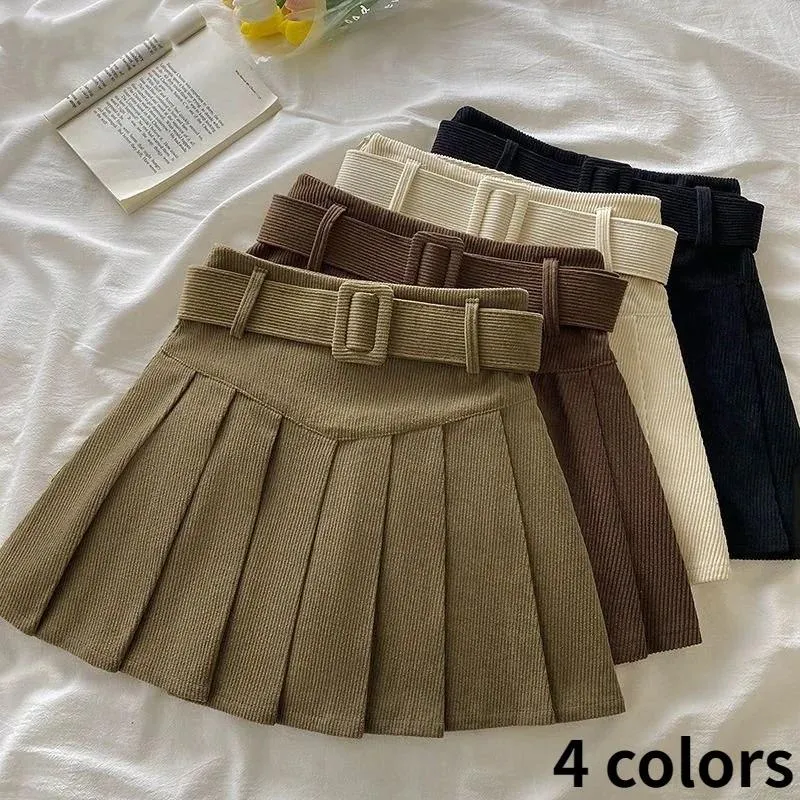 Röcke Plissee Mini Damen Japan Studenten Cord Adrette Herbst Winter Basic Solid Bottoms Chic Vintage JK Slim All-Match