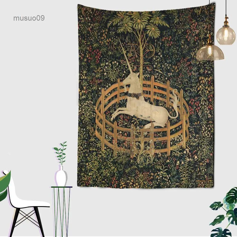 Tapisseries La Licorne En Captivité Tapisserie Murale Couverture Serviette De Plage Pique-Nique Tapis De Yoga Décoration De La Maison Revêtement Mural Animal