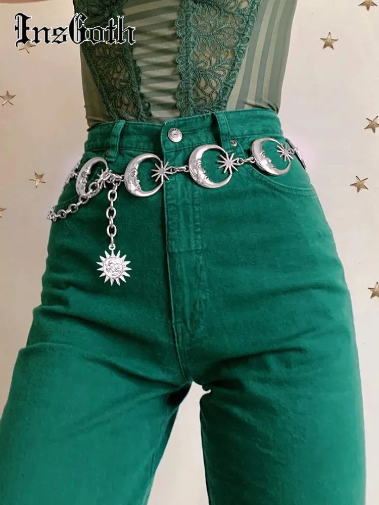 InsGoth Harajuku Punk Moon Metal Belts Women Vintage High Waist Chain Gothic Sun Sliver Pendant Belts Aesthetic Female Partywear 240119