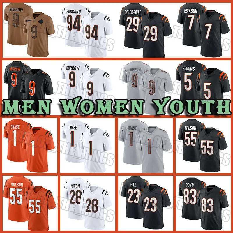 1 Ja'marr Chase 9 Joe Burrow Futbol Jersey Evan McPherson Sam Hubbard Tee Higgins Cam Taylor-Britt Cincinnatis Bengales Joe Mixon Logan Wilson Trey Hendrickson