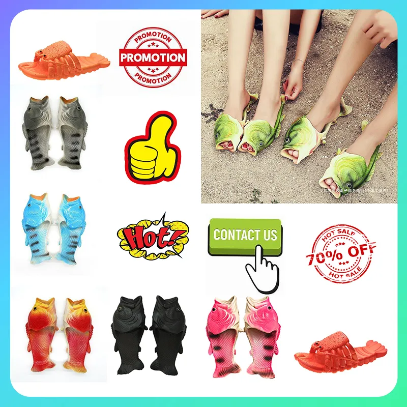 Designer Casual Platform Fish Shimp Roliga tofflor Män Kvinna Anti Slip slitaresistent lätt vikt Andningsbara låga sulor Sandaler Flat Summer Beach Slipper