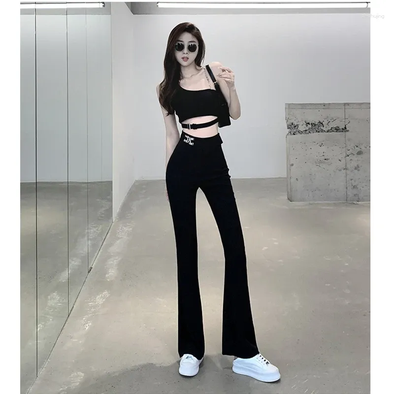 Women's Pants Autumn Black Splicing High Waist Vintage Straight Tight Trousers Fashion Leisure Flare Bottoms Trouser