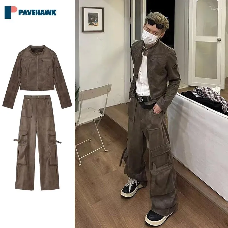 Men's Tracksuits Suede Brown Vintage Set Man Hip Hop Stand Collar Short Leather Jackets Wide-leg Cargo Pants Male 2pcs Sets American Street