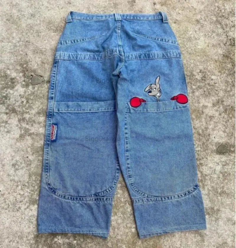 Jeans pour hommes grande poche boxe kangourou imprimé lavé jambe large Y2K hip-hop rue décontracté lâche harajuku personnalité denim hommes