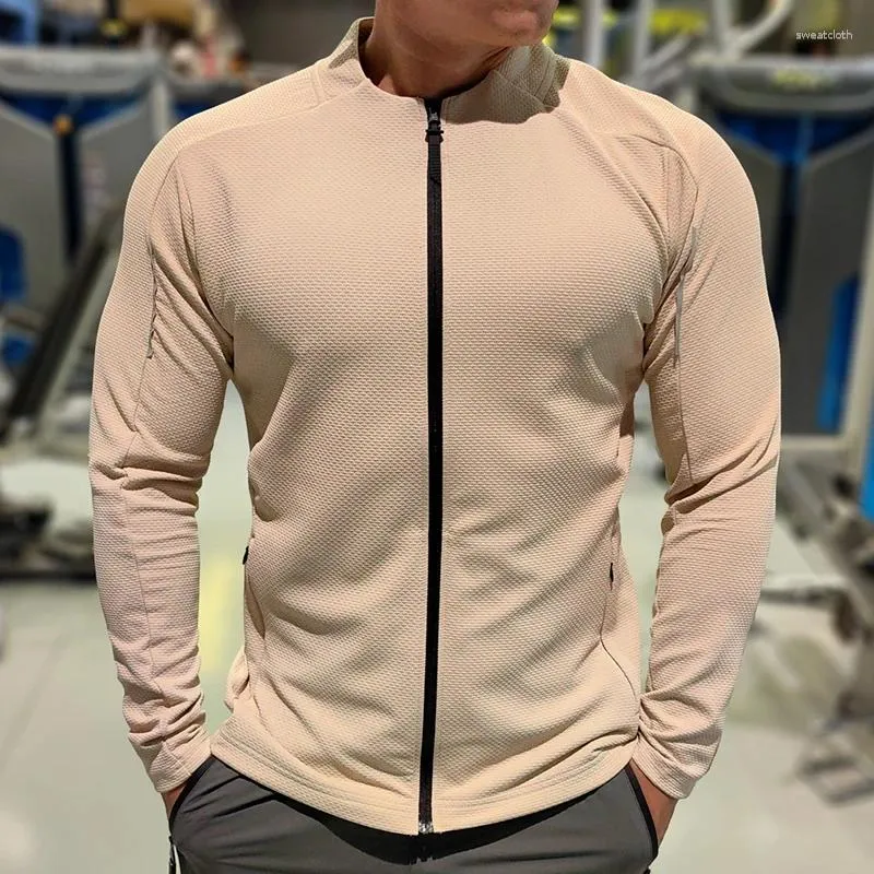 Giacche da uomo Giacca sportiva con cerniera o collo Primavera Cappotti da corsa traspiranti ad asciugatura rapida Equitazione all'aperto Abbigliamento sportivo Top con cerniera beige