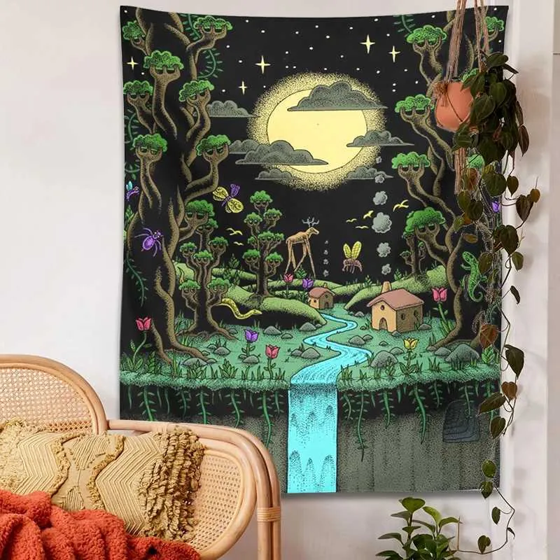 Gobelin psychodeliczny gobelin wisząca na ścianę wisząca gwiaździsta niebo księżyc rośliny kwiaty kosmiczne szkielet gobelinu na dekoracje do pokoju dekoracje domowe 240123
