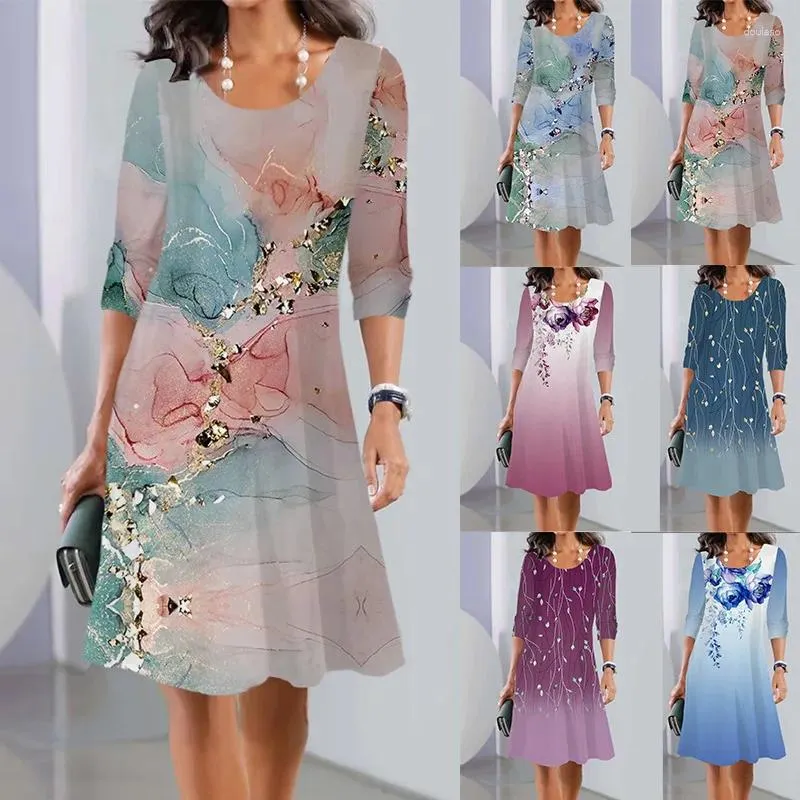 Sukienki imprezowe 2024 Autumn elegancki moda swobodna okrągła szyja wydruk średnie rękaw Wygodny temperament