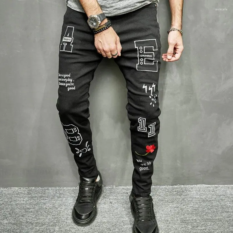 Men's Jeans Spring Men Stylish Printed Skinny Trousers High Street Hip Hop Embroidery Male Slim Casual Denim Pants