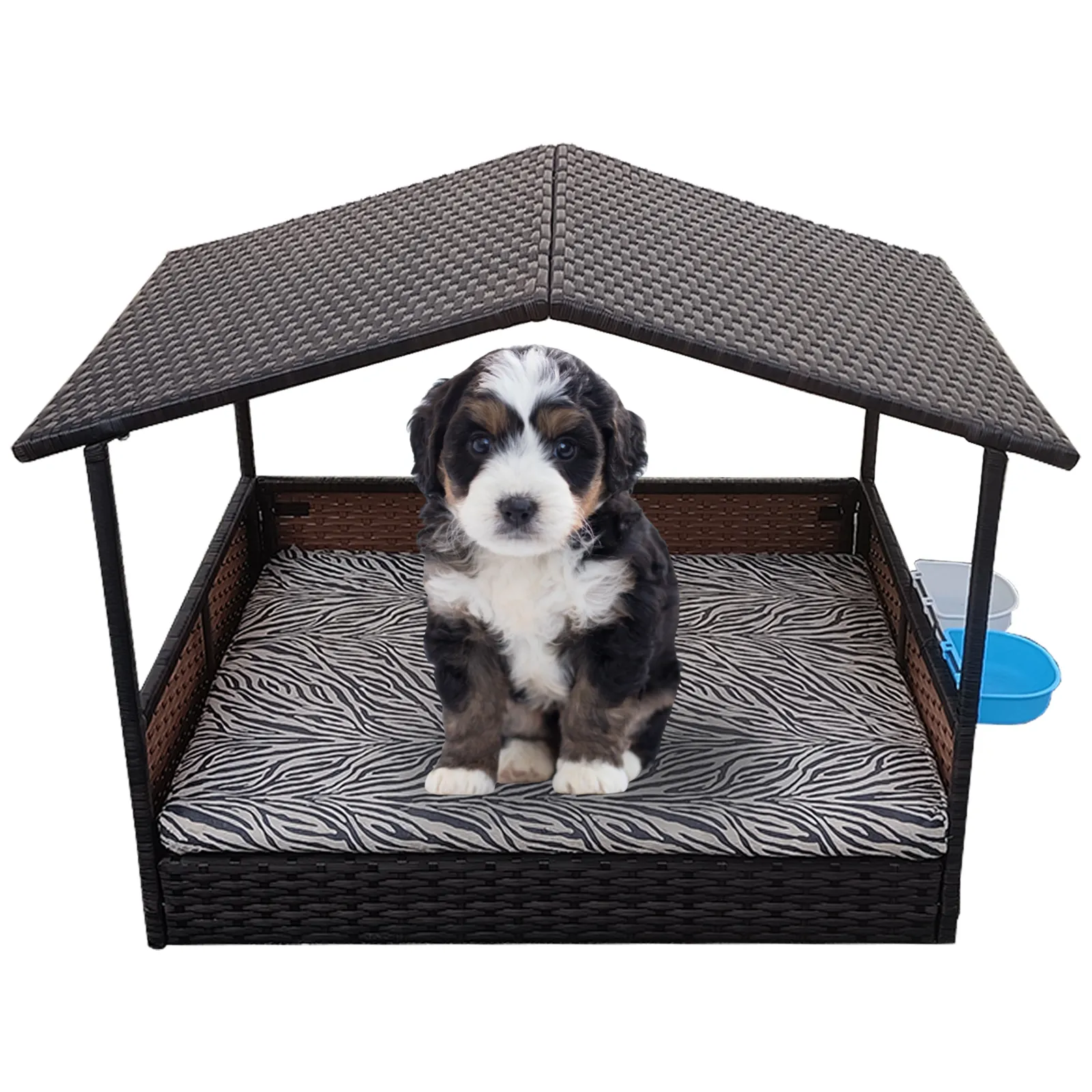 Outdoor Wicker Dog House z baldachimem, rattan przed schronieniem dla psów z wyjmowanym salonem poduszkowym, myjną osłoną, miską dla psów, podniesionym schronieniem rattanu zwierzaka rattanu