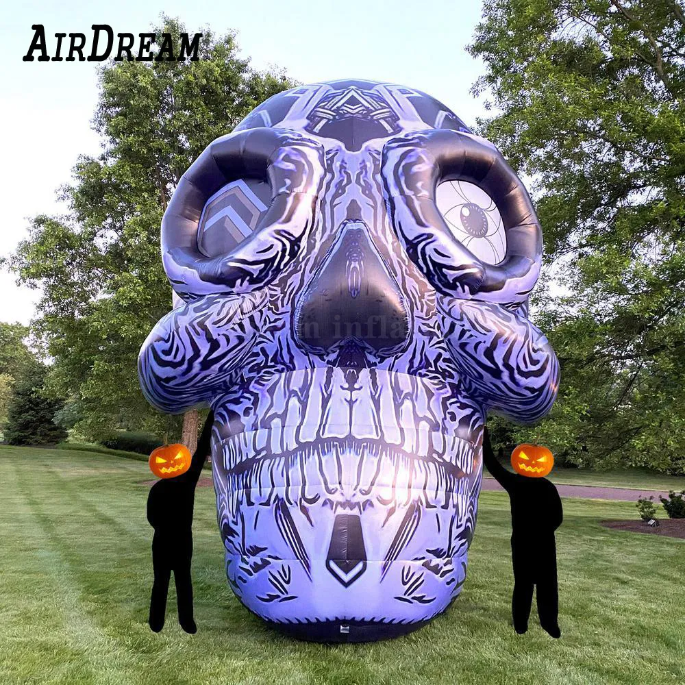 wholesale Bateau gratuit énorme tête de crâne gonflable gris imprimé squelette fantôme géant modèle d'air jouet pour la décoration du festival d'Halloween