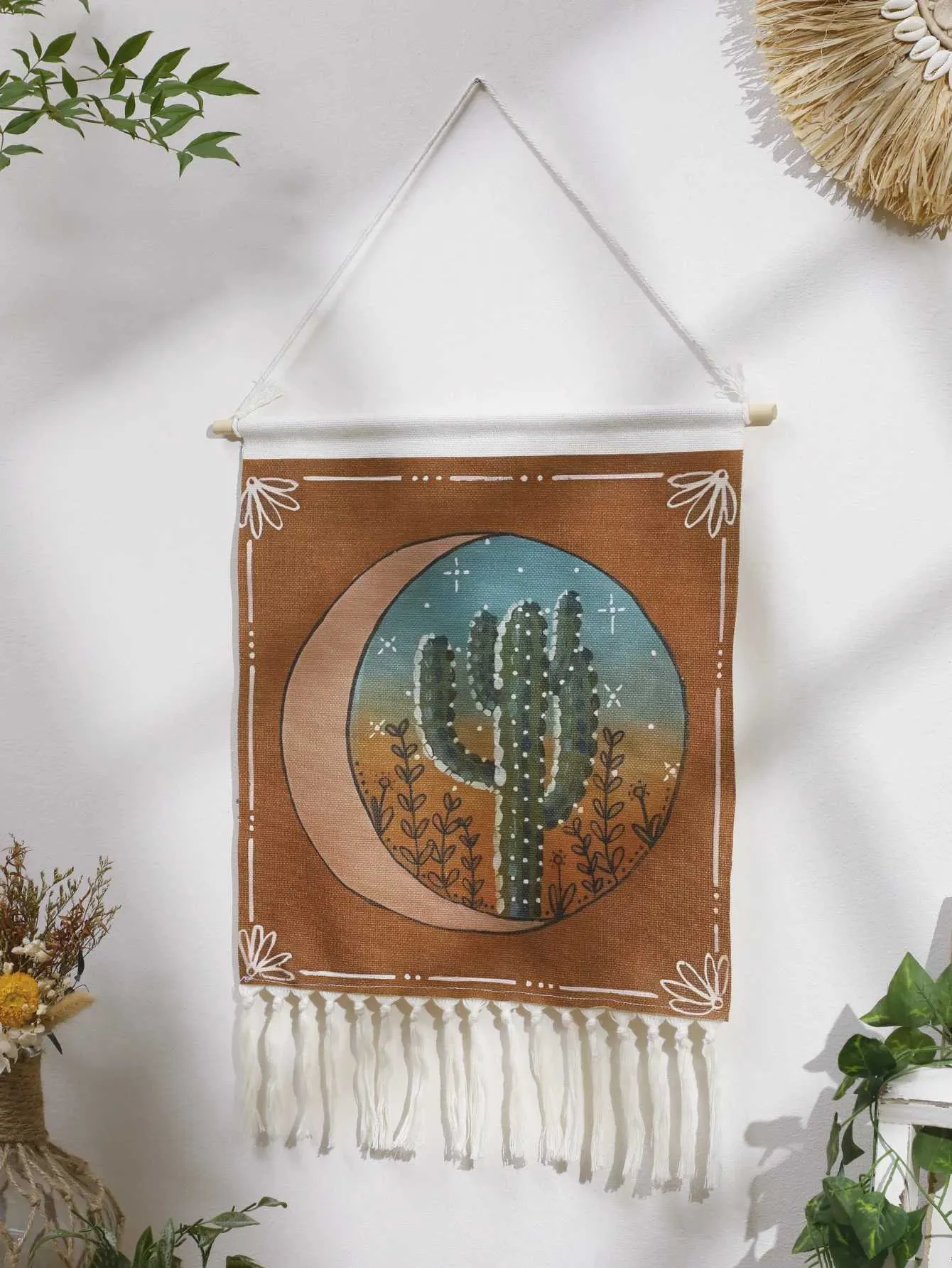 Tapestries Macrame Wall Tapestry Cactus Moon Sun Tapestry Wall Hanging Boho Home Decoration Handmade Room Decors Aesthetic Art OrnamentL240123