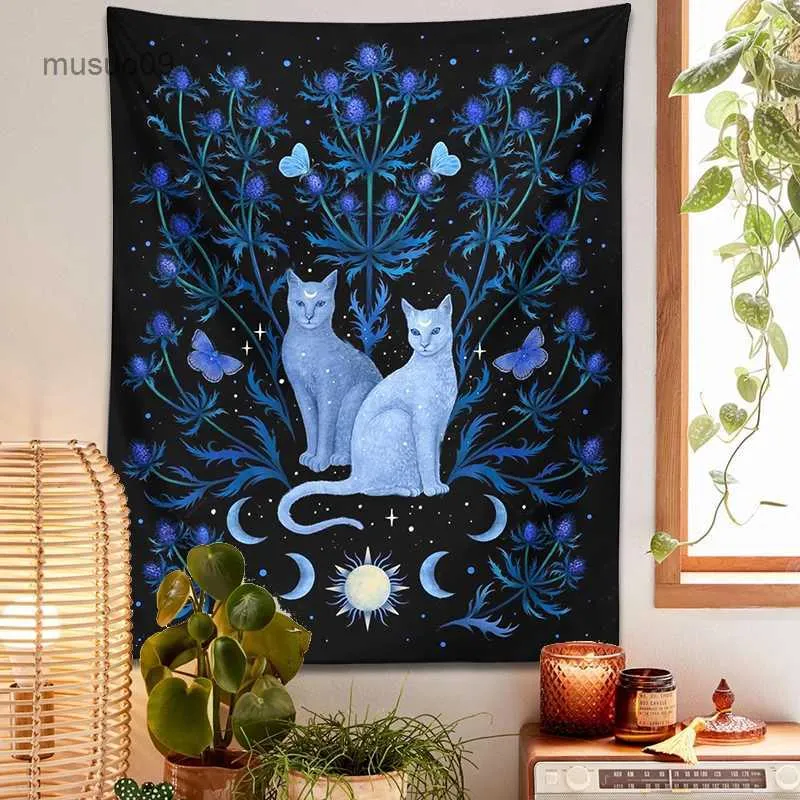 Tapisserier blå tistel katt tapestry vägg hängande psykedelisk bladblomma spådom hem svart cool dekoration