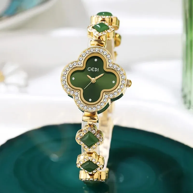 ZDR_WOMENS Lucky Four-Leaf Clover Light Luxury Green Agate Bracelet Quartz Waterproof Watch Homts