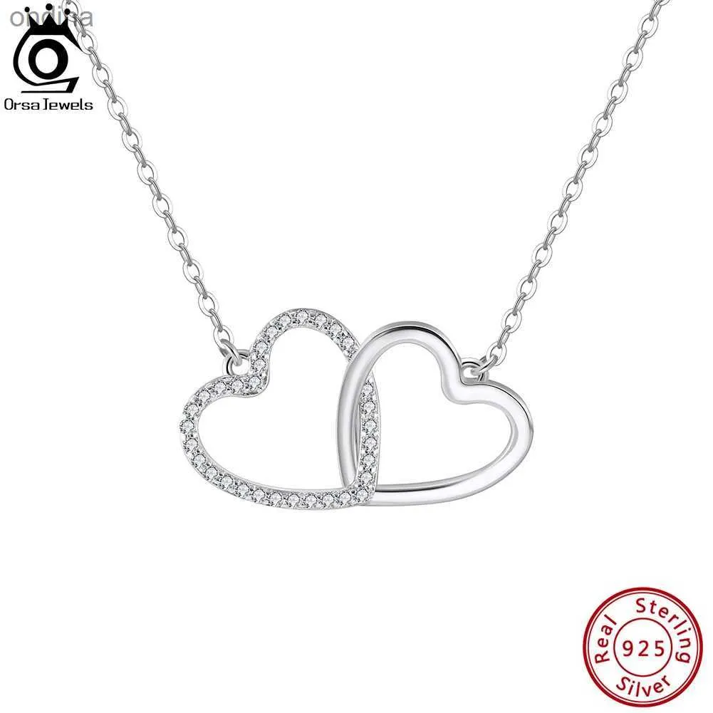 Pendant Necklaces ORSA JEWELS Exquisite Double Heart Pendant 925 Sterling Silver Love AAAA Zircon Chain Necklace for Women Fashion Jewelry SN340 YQ240124