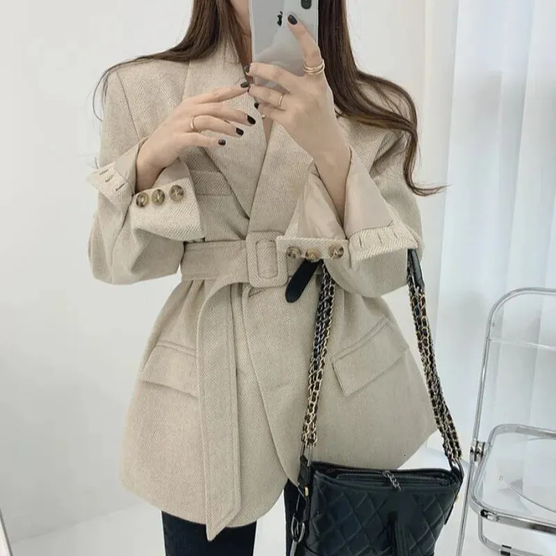 Koreanische Mode 2024 Herbst/Winter Warme Top Flip Kragen Bund Verdickte Baumwolle Kurzmantel Fischgräten Wolle Set frauen jacke 240123