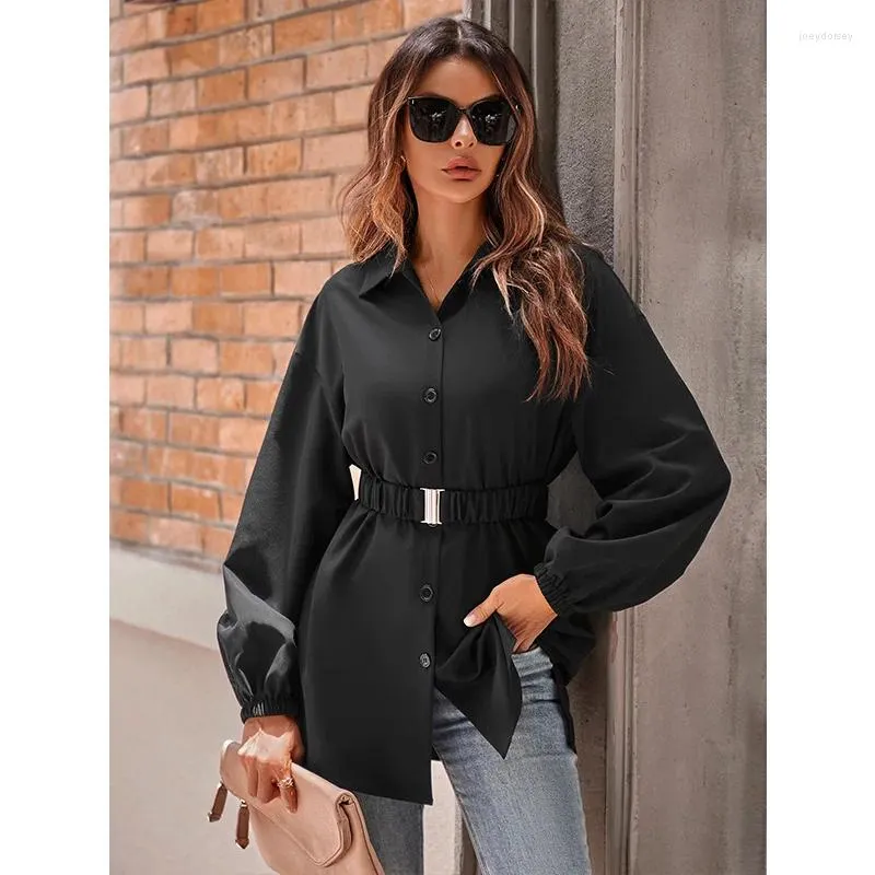 Women's Blouses Women Shirt Coat Elegant Chic Streetwear S Belt Solid Color Loose Fitting Buttons Turn-down Neck Comfortable S-XL
