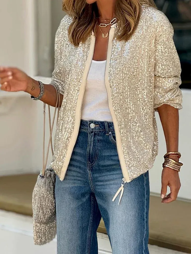 Women's Spring/Summer 2024 short jacket long sleeved fashionable sequin casual jacket O-neck zippered women's jacket 240123