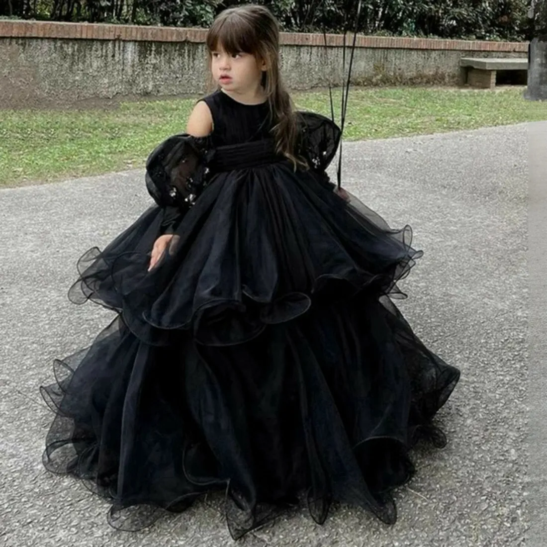 Black Kids Birthday Party Dresses Flower Girl Dresses Sheer Neck Long Sleeves Organza Ball Gown Princess Flowergirl Gowns Daughter and Mother Dress CF044