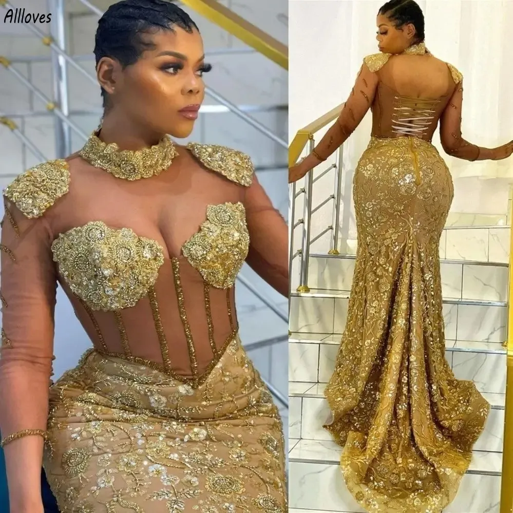 Luxury Gold Lace Beading Mermaid Evening Dresses African Girls Long Sleeves High Collar Formal Party Gowns Slim Fit Lace-up Back Engagement Event Prom Dress CL3237