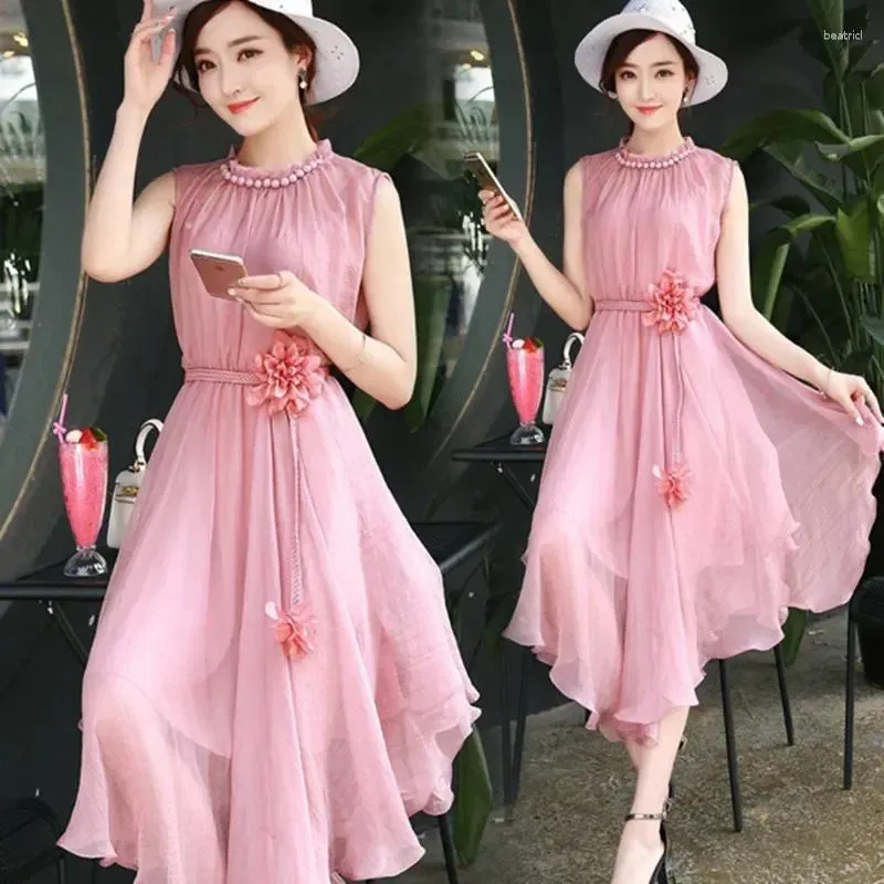 Abiti casual stile coreano rosa dolce irregolare abito da festa di media lunghezza per le donne 2024 estate elegante senza maniche tunica da spiaggia in chiffon