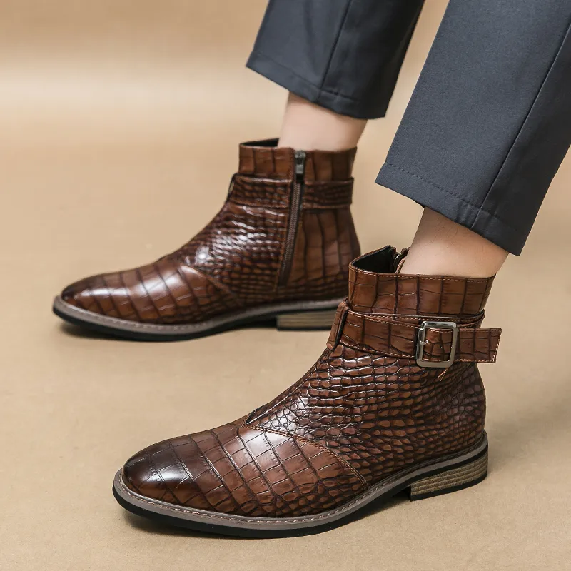 Nova moda masculina apontou jacaré padrão de couro brogues tornozelo botas homens casuais luxo alta superior sapatos plataforma zapatos hombre