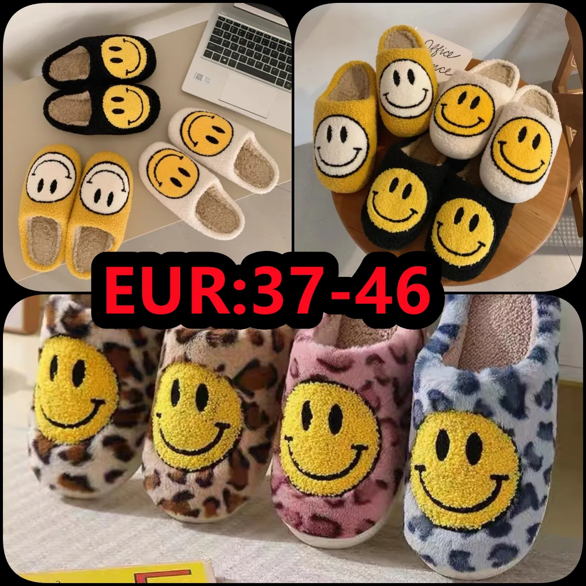 2024 Mode Vrouwen Glimlach Winter Slippers Zacht Pluche Nepbont Schoenen Dames Pluizige Harige Platte Thuis Indoor Paar Katoen Smiley Gezicht Wandelschoen eur37-46