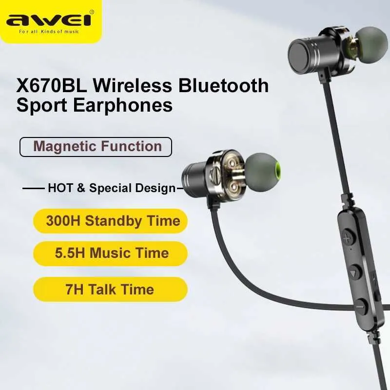 ヘッドセットAWEI X670BLワイヤレスBluetoothスポーツイヤホン磁気インイヤーネックバンドヘッドフォンミニイヤホン電話J240123のハンズフリーヘッドセット