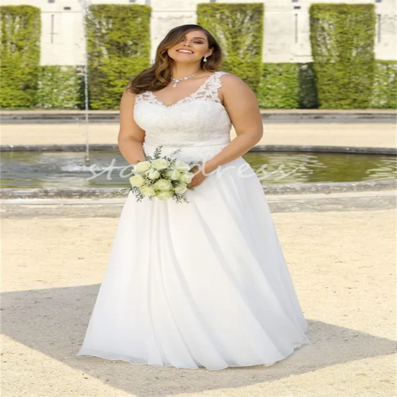 Plus Size Boho V Neck Wedding Dress Tanks Straps A Line Chiffon Beach Bohemian Bride Dresses With Lace Chic Floor Length Country Robe De Mariee Vestios Novias 2024