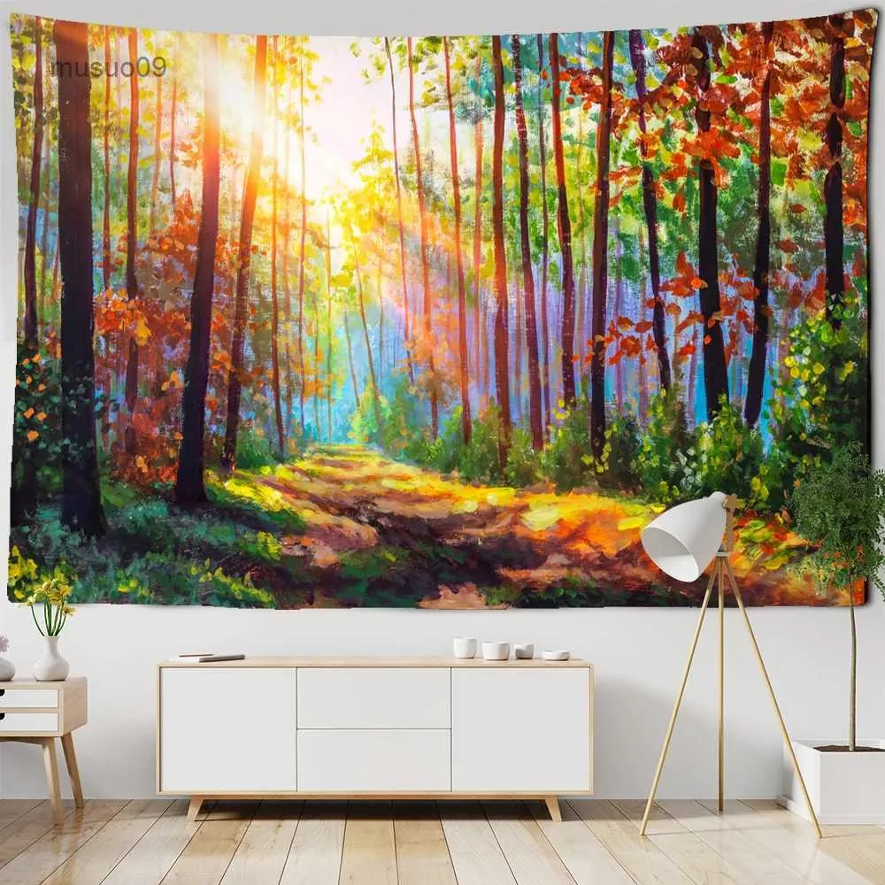 Wandteppiche, Retro-Ölgemälde, schöner Wald, natürliche Landschaft, Wandteppich, Wandbehang, Hippie-Mandala, Tagesdecke, böhmische Kunst, Heimdekoration