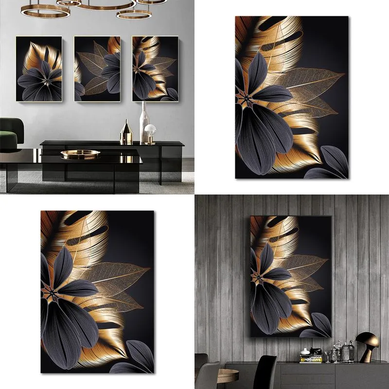 Olieverfschilderij Gouden Blad Plant Decoratief Huis Veranda Woonkamer Hangende Foto Frameloze Kern Drop Levering Ottkl