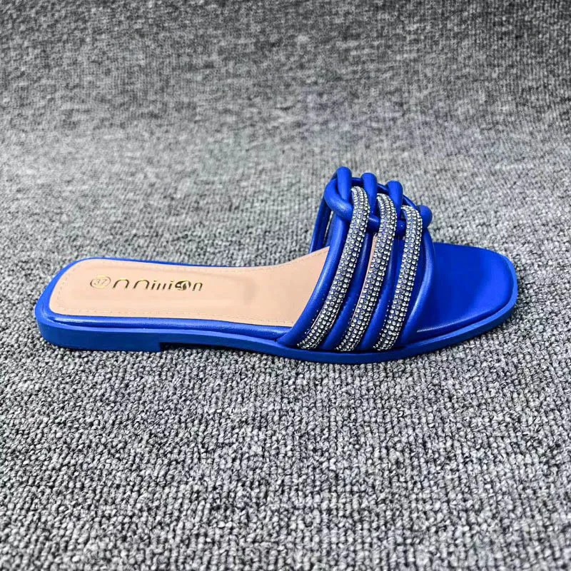 Summer Leather Slides For Women Classic Bright Blue Flat Sandals For ...