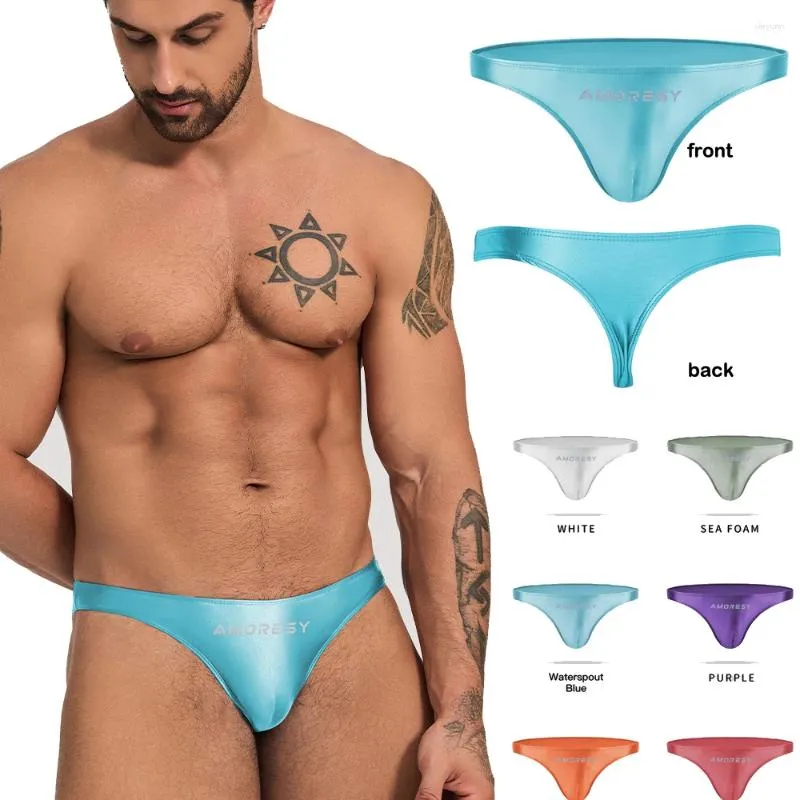 Sous-vêtements AMORESY Hommes Spandex Couleur Unie Ultra Taille Basse Sexy Sports Plage Huileux Omfortable Soie Lisse T-Back Maillots De Bain Slips