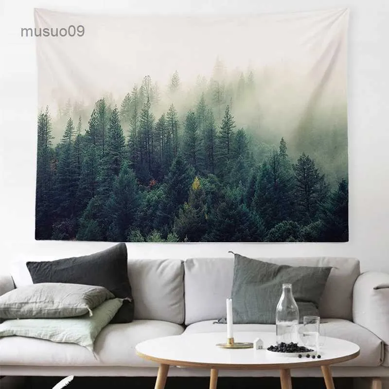 Tapisseries Nordique Paysage Naturel Soleil Forêt Montagne Tapisserie Psychédélique Fleur Plante Esthétique Chambre Décoration Tenture Murale Tissu