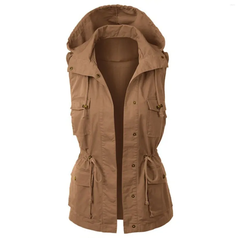 Chalecos de mujer Abrigo de mujer Cuello con capucha Chaqueta de color brillante Sin mangas Bolsillos femeninos Chaleco vintage Chaleco Otoño e invierno G3