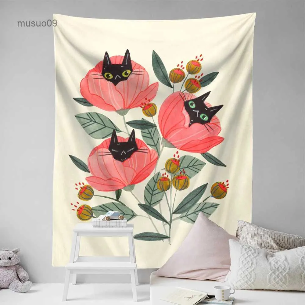 Arazzi Simpatico cartone animato Gatto nero Fiore Arazzo Appeso a parete Kawaii Room Decor Botanical Floral Wall Art Boho Estetico Room Decor