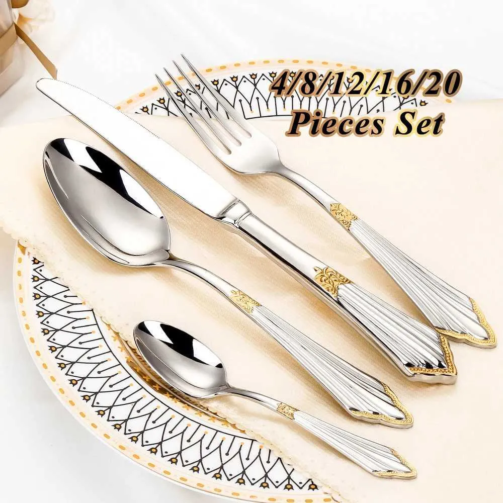 Camp Kitchen 4/8/12/16/20 Pieces Gold Plated Luxury Silverware Flatware Dishwasher Safe 18/10 Stainless Steel Cutlery Set For Home Wedding YQ240123